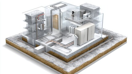 Geothermal heat pump – Cutaway 3D geothermal heat pump for homes, showing underground exchangers, circulating pump, and ducted air system.
