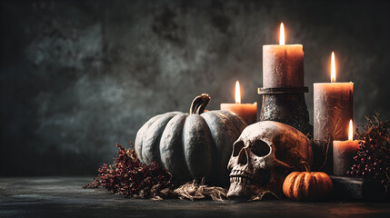 Still life of halloween decorations with skull pumpkin and candles on a dark moody background
