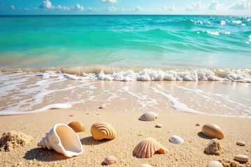 A sun-drenched beach scene with seashells scattered on the sand, gentle waves lapping the shore, and vibrant summer colors  Perfect for travel, vacation, or summer themes , tropical, serene