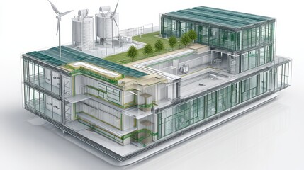 Green office building – Cutaway 3D sustainable office with solar panels, rooftop wind turbines, passive cooling, and efficient HVAC layers.