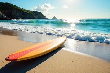 Fototapeta premium A lone surfboard rests on a sun-drenched waterfront, waves gently lapping the shore, creating a serene coastal scene perfect for relaxation and escape , relaxation, oceanfront, sand