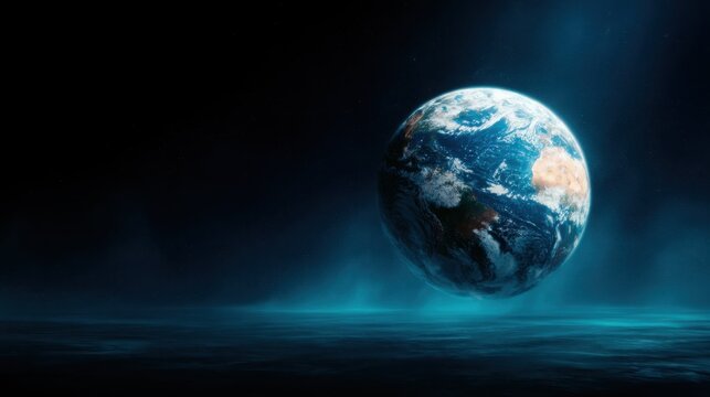 The Earth floats majestically in the vastness of space, illuminated by a mystical blue light, emphasizing its beauty and the awe of the universe in a stunning cosmic scene.