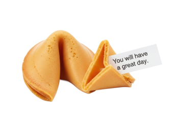 A freshly opened fortune cookie with a positive message about having a great day, isolated on white