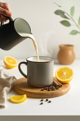 Steaming Hot Plant-Based Latte with Lemon and Spices in Cozy Minimal Setting