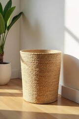 Fototapeta premium A modern, sleek wastebasket container made of woven seagrass, sits on a polished wooden floor Perfect for minimalist interiors, adding a touch of natural texture to any room , woven, minimalist