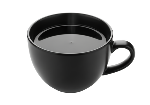 A sleek black ceramic cup filled with dark liquid, set against a minimalist background emphasizing simplicity