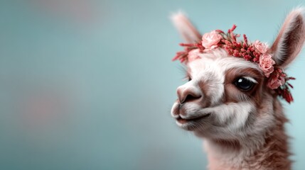 A charming llama poses with a floral crown, radiating cuteness and whimsy, highlighting the connection between animals and artful presentation in a playful manner.