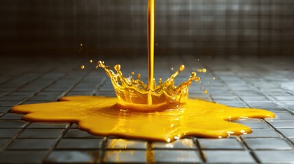 A striking splash of yellow paint creates an eye-catching visual on a grey tiled background, embodying artistic flair and the beauty of color contrasts in contemporary design.