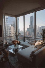 A modern vacation rental apartment with open glass windows. Visitors enjoy the city skyline