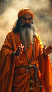 Sai Baba Indian God background. Portrait of an Indian sadhu with a long beard, wearing orange robes and religious jewelry, standing against smoky, mystical background. Spiritual and cultural symbolism