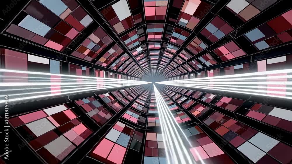 Poster abstract tunnel background animation loop with glowing light streaks and geometric panels design
