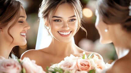 Radiant bride in white dress sharing joyful moment with bridesmaids, holding pink rose bouquet against soft bokeh background. Wedding celebration candid moment.
