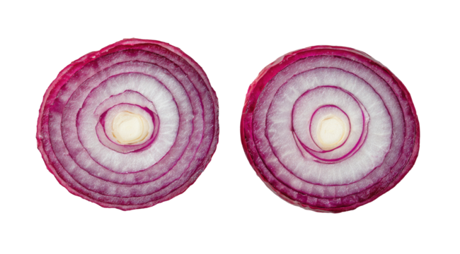 Two sliced red onions, concentric circles, vibrant color,  isolated