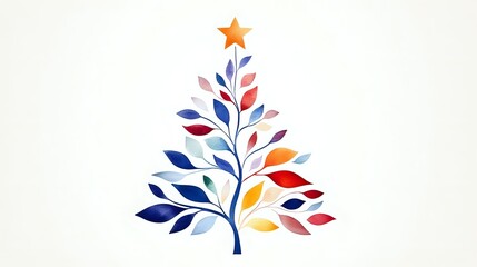Obraz premium Minimalist watercolor Christmas tree made of colorful leaves and orange star on top, elegant holiday design on white background, ready for seasonal cards and decor.