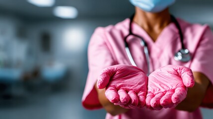 A dedicated healthcare professional in pink scrubs and gloves extends her palms forward, embodying care and compassion in a medical environment, promoting health and support.