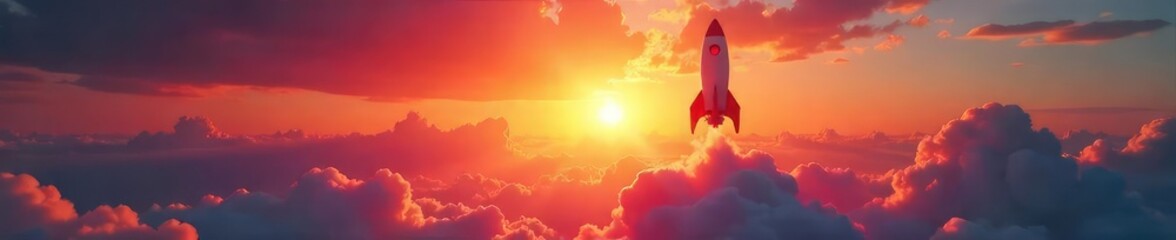 Fototapeta premium A soaring rocket ship against a vibrant sunset, symbolizing the achievement of a breakthrough and reaching new heights of success , sunset, climb