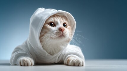 A charming cat wearing a white hoodie strikes a cute pose, showcasing its playful side and the delightful bond between pets and humans.