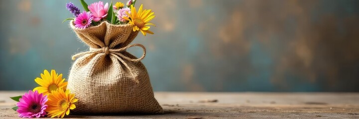 Rustic Burlap Gift Sack with Wildflowers and Lace Perfect for Farmhouse Decor, Weddings, and Crafts