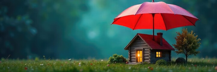 A secure home, protected by a large umbrella symbolizing comprehensive financial protection against unforeseen liability, offering peace of mind and security , house, defense