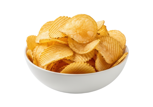 Bowl of crispy potato chips on a white background, perfect for snack time or party gatherings