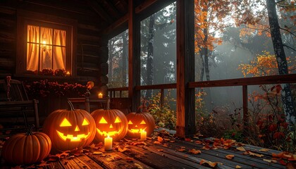 Fototapeta premium Warm glow of jack-o'-lanterns adorns a rustic cabin porch, creating a captivating and festive atmosphere for a cozy autumn Halloween night amidst the misty woods