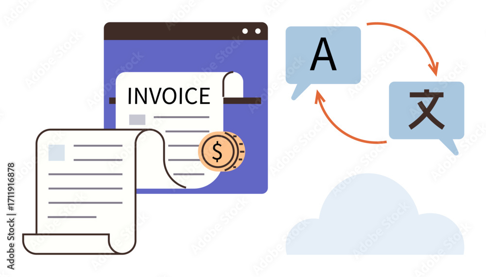 Poster digital invoice window with currency coin, document scroll, speech bubbles with language symbols, an