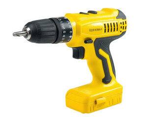Yellow cordless drill isolated on transparent background, a versatile power tool for drilling holes and driving screws, featuring adjustable torque and a rechargeable battery