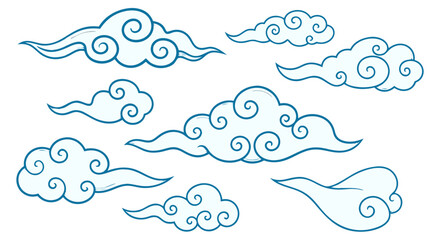 Collection of decorative oriental clouds with swirly patterns. Vector illustration of Japanese or Chinese style sky elements isolated on white