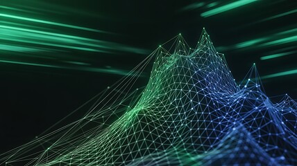 Abstract digital art rendering a three dimensional mountain range formation constructed with connected dots and lines against a dark background
