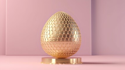 Golden metallic egg with geometric honeycomb pattern texture on round pedestal against soft pink background, modern luxury minimal design concept.