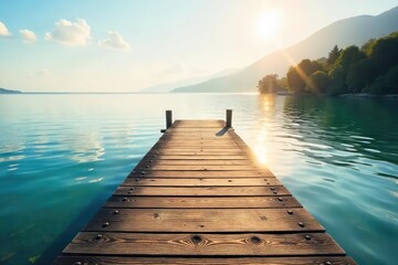 Obraz premium Tranquil scene of a wooden dock extending over calm water towards a peaceful shore, bathed in soft sunlight Perfect for travel, nature, and serenity themes , vacation, bay, wharf