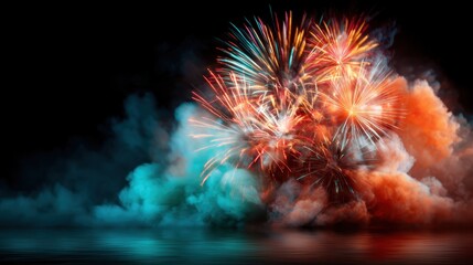 A breathtaking display of fireworks illuminates the night sky, sending colorful bursts of light amid swirling smoke, creating an enchanting atmosphere filled with wonder.