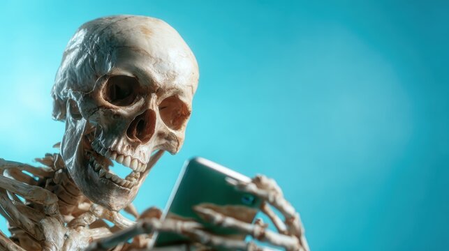 This humorous image showcases a skeleton holding a smartphone, combining elements of the macabre and modernity in a playful juxtaposition that brings laughter.