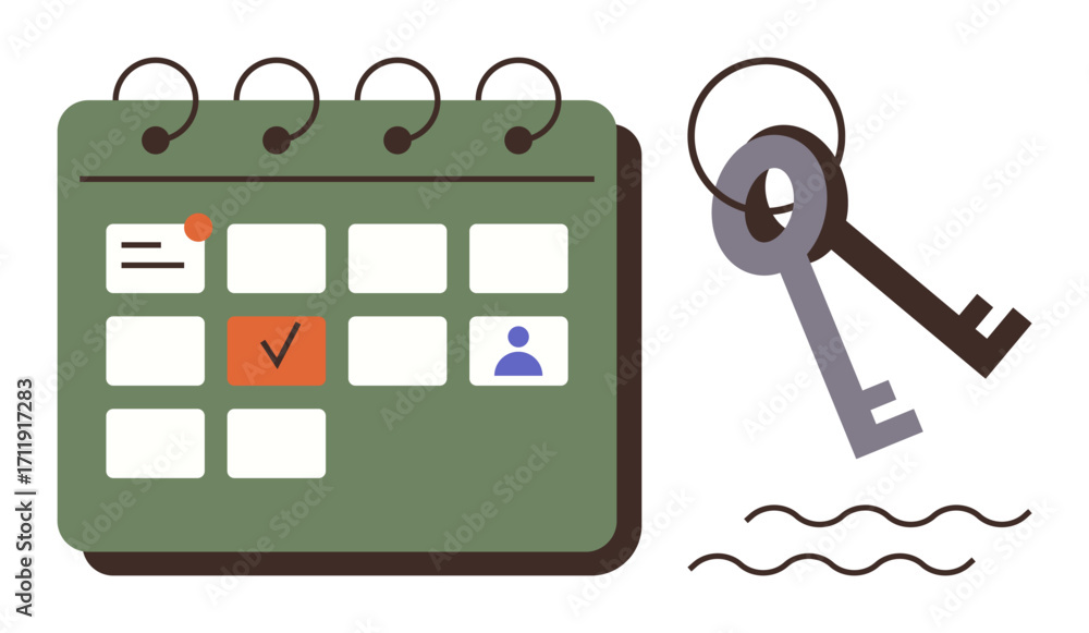 Poster organized calendar with highlighted date, keys symbolizing access and opportunities. ideal for plann