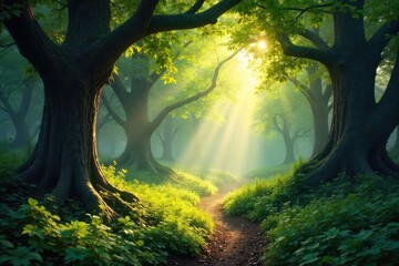 Sunlight dappled through ancient trees in a lush, vibrant forest The scene is peaceful and showcases the beauty of untouched nature, with a variety of flora and fauna visible , greenery, wild