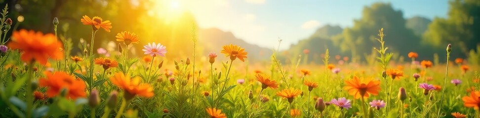 Vibrant sunlit meadow bursting with wildflowers, perfect for spring or summer themes Ideal for websites, blogs, and presentations needing a cheerful, bright background , sunshine, pattern, green