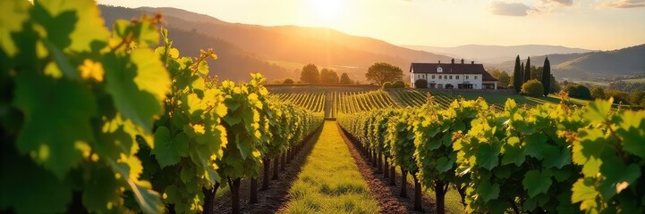 Fototapeta premium Sun-Drenched Vineyard Rows Ripe Grapes Leading to a Charming Winery Nestled in Rolling Hills. Perfect for Wine Harvest, Countryside, and Travel Themes.