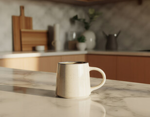 a clean minimalist shot of a white coffee mug on a kitchen counter in the morning light