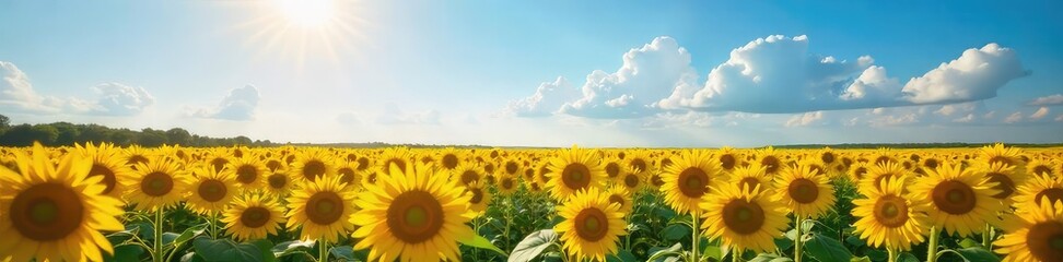 Obraz premium A vibrant field of sunflowers stretching towards a breathtaking blue sky, bathed in golden sunlight Perfect for summer, nature, and happiness themes , calm, landscape
