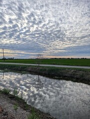 Stormy dark clouds reflected off a canal in rural countryside with rice fields