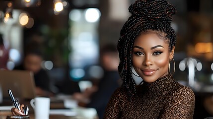 Young African American woman with braided hair in business attire smiling confidently at cafe while working on laptop, wearing silver hoop earrings and brown patterned blouse.