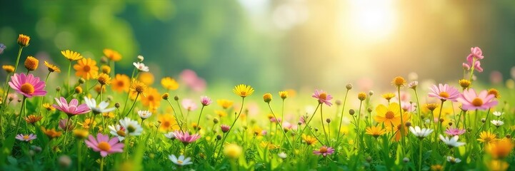 Vibrant wildflowers bursting into bloom in a lush green meadow under the bright spring sun Perfect for themes of renewal, growth, and the beauty of nature's awakening , stem, idyllic
