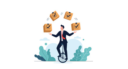 A businessman skillfully juggles tasks while riding a unicycle.