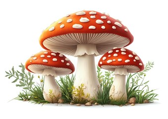 Red and white spotted mushrooms amanita muscaria growing in green grass with small plants and pebbles, isolated on white background for nature designs.