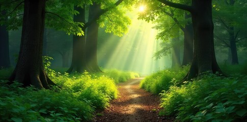 Obraz premium Sun-dappled forest path winds through lush green woods, sunlight filtering through leaves creating a magical atmosphere Perfect for nature, fantasy, and fairytale themes , shadows, magical, vibrant