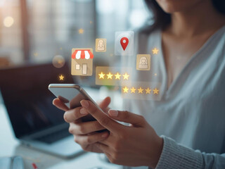Woman using smartphone with augmented reality icons for business and navigation