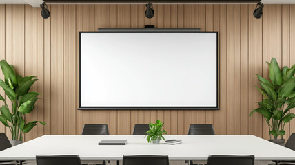 Modern meeting room with projector screen, white table, black chairs, wood wall, green plants