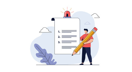 A person writes on a large checklist with a pencil.