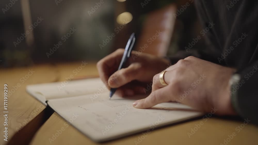 Poster detailed close-up of a hand drawing technical sketches in a notebook with a pen. creative design and