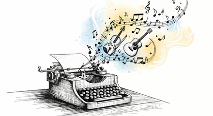 Hand drawn vintage typewriter illustration symbolizing the art of songwriting with musical notes and guitars flowing from the paper